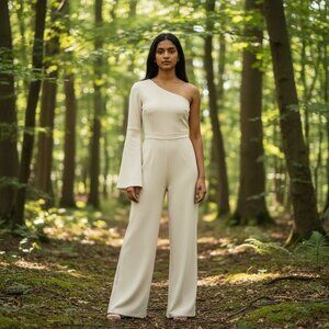 Banana Republic Wide Leg Jumpsuit Cream 10P One Shoulder